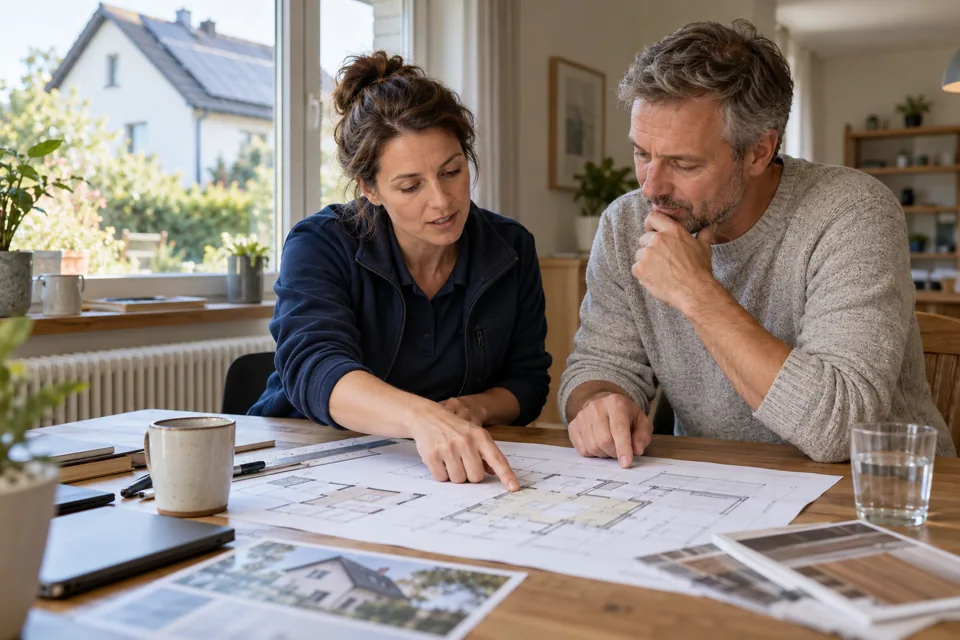 Symbolbild: Energieeffizienz-Expertin und Hauseigentümer besprechen einen Gebäudeplan am Tisch.