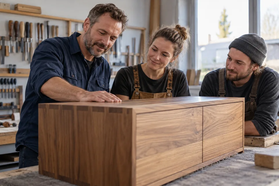 Symbolbild: Inhaber und Team eines Handwerksbetriebs besprechen ein Werkstück in ihrer Werkstatt.