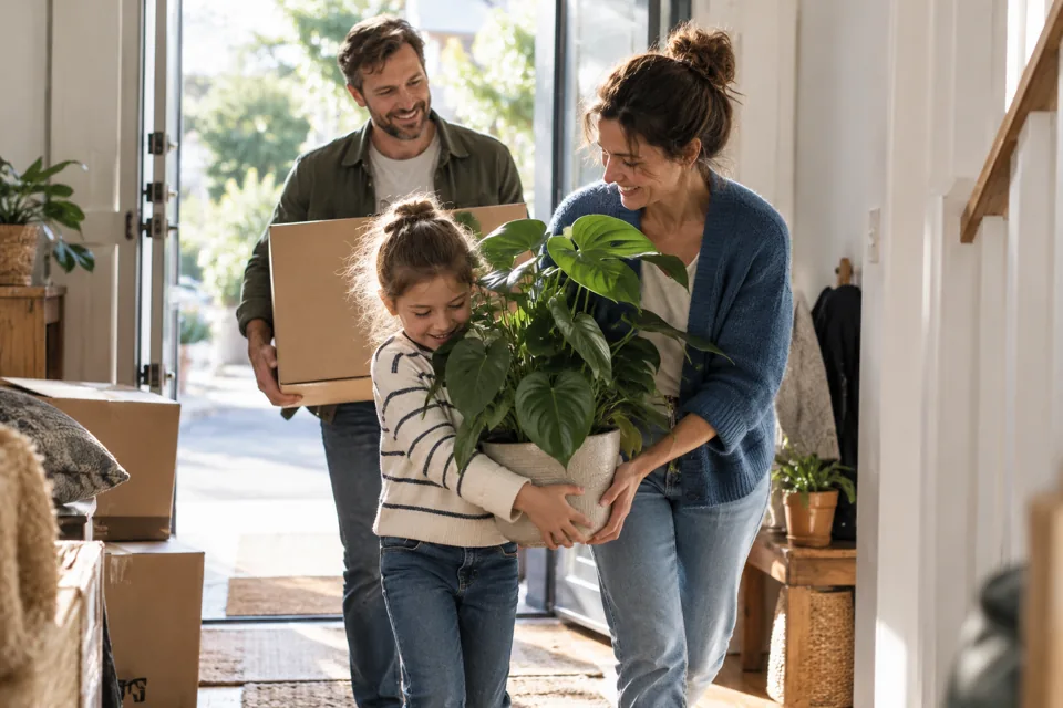 Symbolbild: Familie trägt eine Pflanze in ihr neues Zuhause.