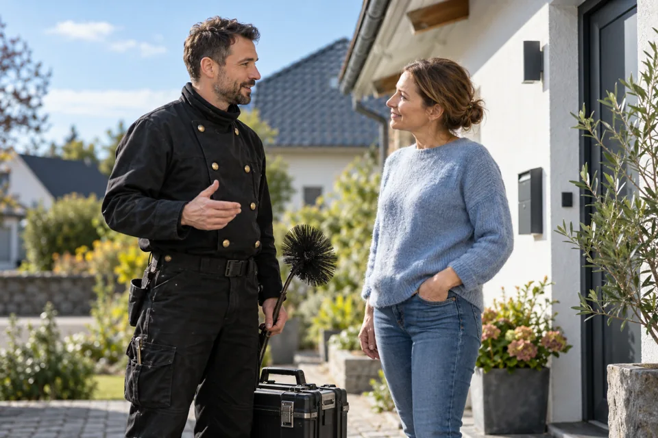 Symbolbild: Schornsteinfeger im Gespräch mit einem Hauseigentümer vor dessen Haus.